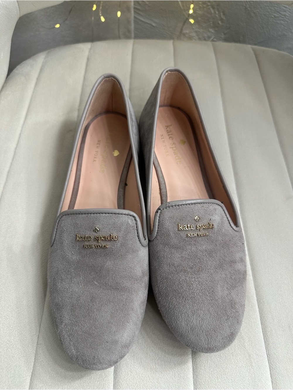 kate spade Gray Suede Slip-On Loafers with Gold Logo